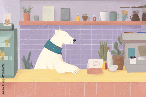 Smiling Polar Bear Barista in a Cozy Café Setting