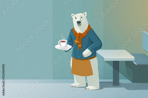 Smiling Polar Bear Barista in a Cozy Café Setting