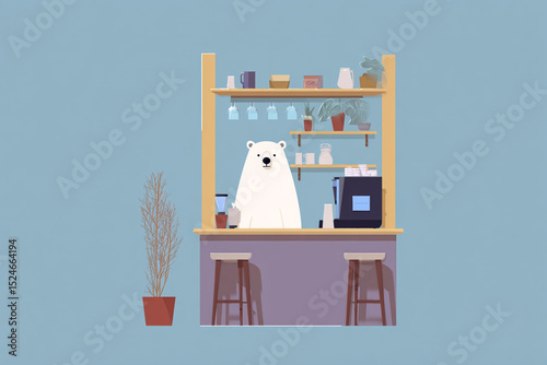 Smiling Polar Bear Barista in a Cozy Café Setting