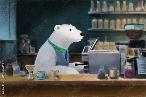 Smiling Polar Bear Barista in a Cozy Café Setting