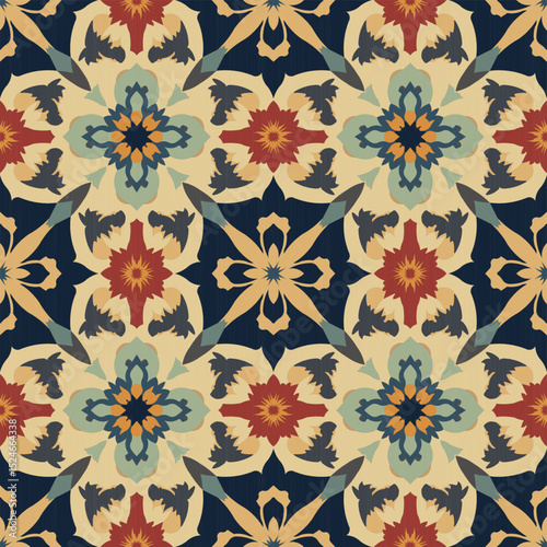 Seamless patterns are used for retro tiles and wallpapers, light cream base colors, flower patterns, dark blue and vector blue.