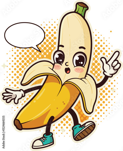 Happy Cartoon Banana Mascot Pointing and Smiling