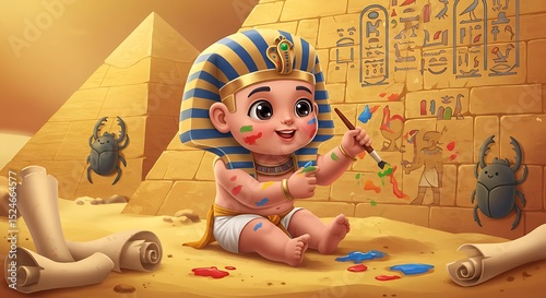 Little Pharaoh's Artistic Adventure: A whimsical illustration of a toddler pharaoh painting ancient Egyptian hieroglyphs on a pyramid.