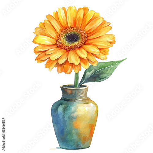A Gerbera In A Vase, watercolor clipart vector, high quality, isolated on a white background.
