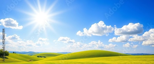 Flat style vector illustration of sunny summer landscape with green hills, blue sky, and fluffy clouds,  holiday,  artwork