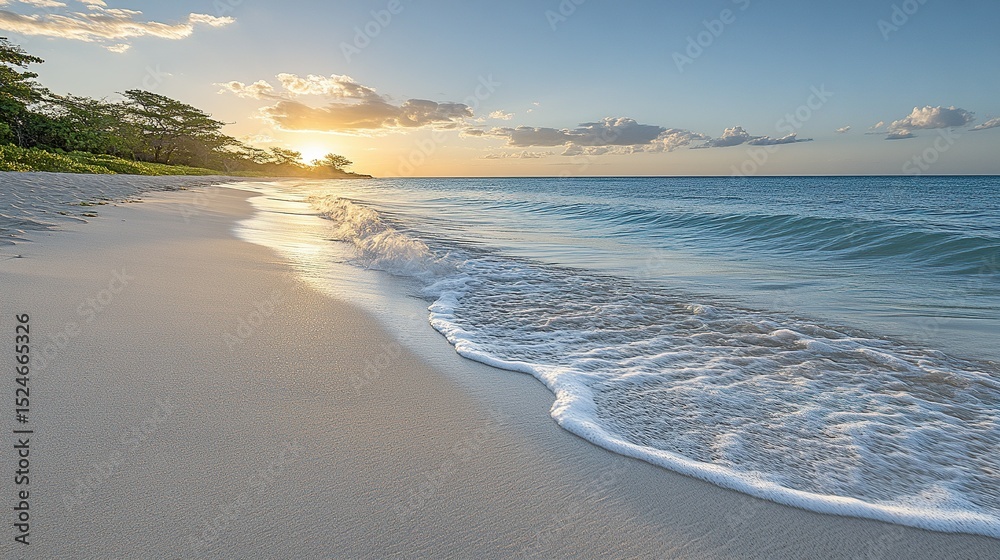 Fototapeta premium Tropical beach sunset waves; idyllic vacation scene