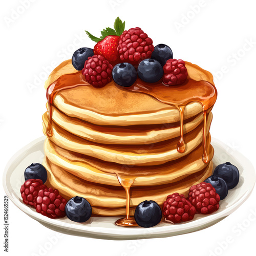  Stack of Pancakes with Syrup and Berries on White Background