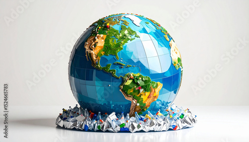 Global Pollution Crisis A Detailed Earth Globe Surrounded by Plastic Waste photo