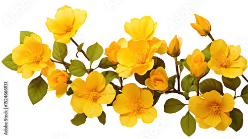  Top side close-up macro view of yellow flowers with leaves on transparent background