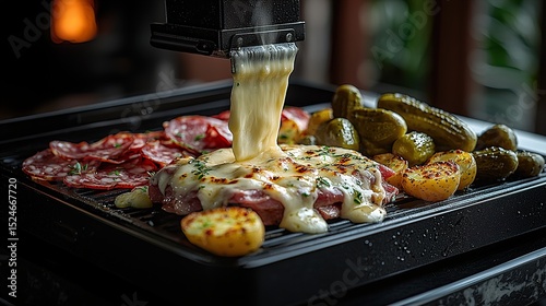 Close up shot of a raclette setup, with melted cheese being scraped onto a plate of boiled potatoes, pickles, and cured meats HD 8k wallpaper photographic image