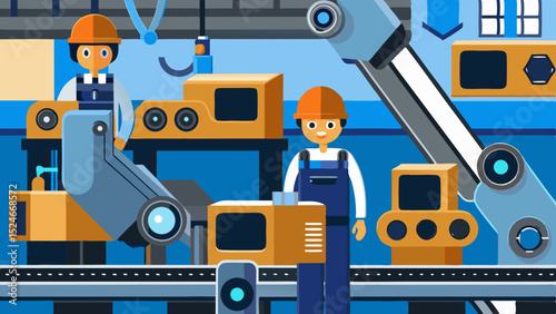 Illustration of workers and robots in factory setting