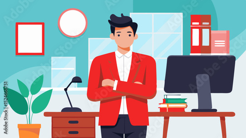 Illustration of a man with crossed arms in an office