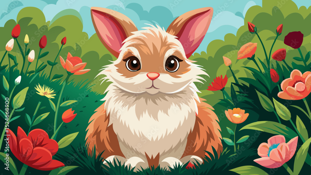 Fototapeta premium Illustration of a cute bunny sitting in a flower field