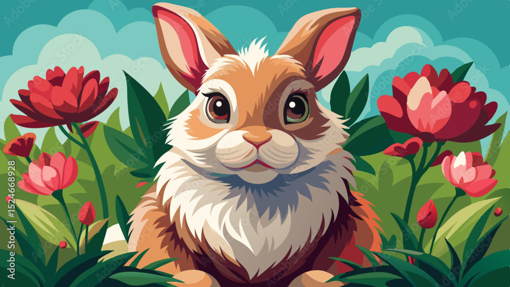 Fototapeta premium Illustration of a cute rabbit among flowers and leaves