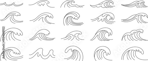 Wave vector illustration set, ocean surf line art, minimal sea water curve, abstract tide symbol, clean coastal drawing collection