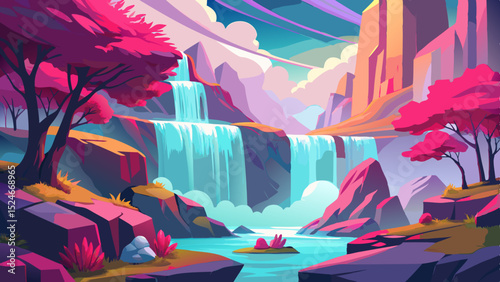 A dreamy landscape with waterfall and pink trees art