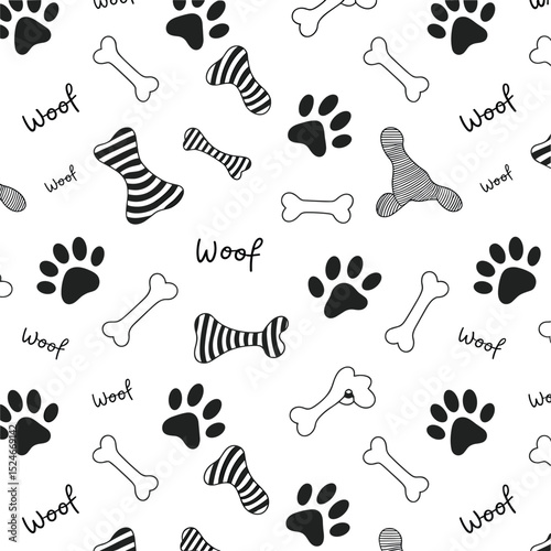 Dog bone vector pattern, paw print seamless background, pet themed wallpaper, black and white doodle style canine design illustration