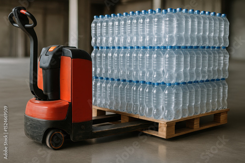 Electric pallet jack handling bottled water load in warehouse storage