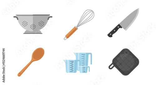 A collection of kitchen utensils including a colander whisk knife spoon measuring cups and potholder