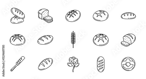Collection of different types of bread loafs and wheat stalks in black and white outline style drawing