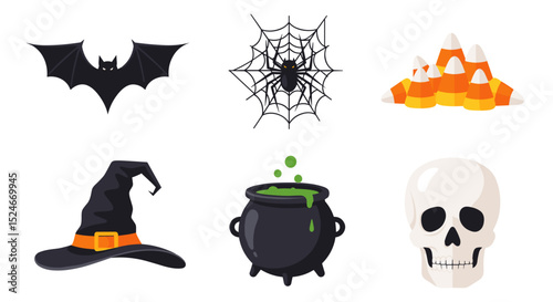 Collection of halloween themed elements including bat spider web candy corn witch hat cauldron and skull