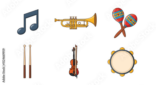 Illustration showcasing musical instruments including a trumpet violin maracas and a tambourine and more
