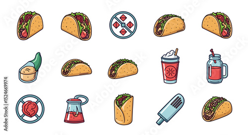 Illustration of assorted tacos, sauces, drinks, and a burrito arranged on a white background