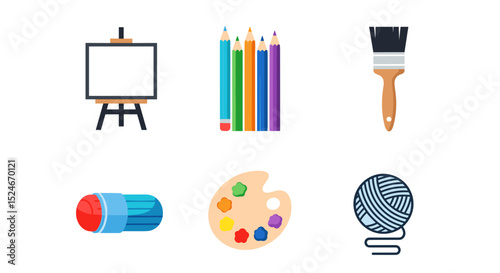 Illustration of art supplies including easel pencils paintbrush sharpener palette and yarn ball isolated