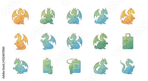 Collection of cartoon dragons in various poses and colors with recycling themed objects shown too