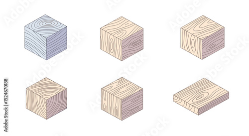 Isometric illustration of six wooden blocks with varying wood grain patterns and light color variations