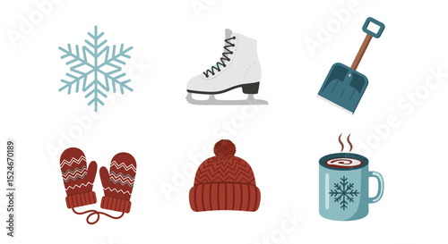A collection of winter themed objects including a snowflake ice skate shovel mittens hat and hot cocoa mug