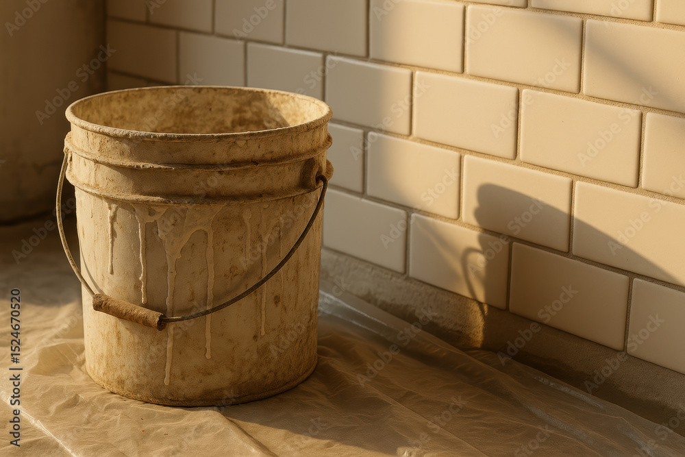 Fototapeta premium Sunlit empty paint bucket on plastic sheet with tiled wall background