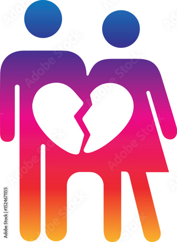 Heartbreak, broken heart or divorce icon style symbol signs, vector illustration