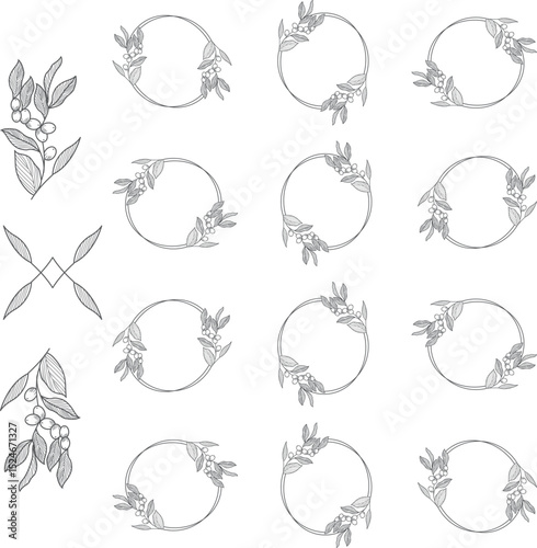 laurels frames branches. Vintage laurel wreaths collection. Hand drawn vector laurel leaves decorative elements. Leaves, swirls, ornate, award, icon.