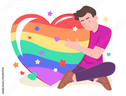 Gay Man Hugging Big Heart with Colorful of Rainbow Flag for LGBT Gay Pride Celebration Concept Illustration