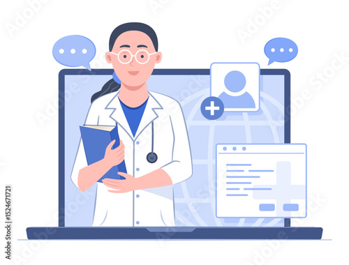 Female Doctor in Medical Gown Uniform Holding Medical File for Health Check-up via Telemedicine Technology and Healthcare Concept Illustration