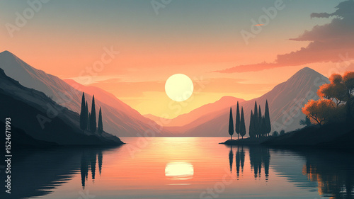 Tranquil Sunset Over a Mountain Lake