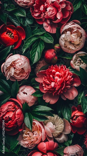 Soft pink peonies in lush green foliage, natural elegance and beauty.