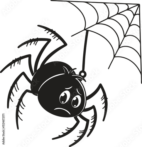 Sad spider silhouette with downturned legs and frowning face, black clean style, solid outline, no background, made for tracing and stock