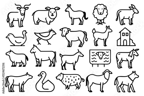 Farm animals illustration featuring pork hen cow sheep goat and goose isolated on transparent background
