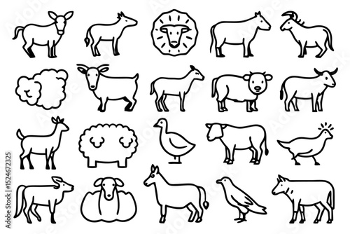 Farm animals illustration featuring pork hen cow sheep goat and goose isolated on transparent background