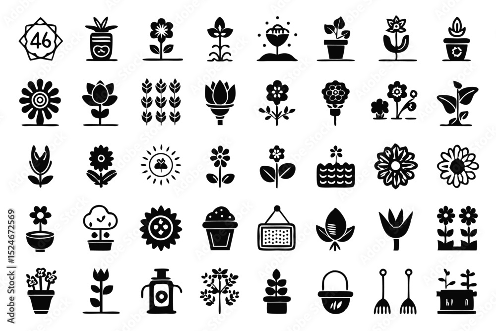 Fototapeta premium Gardening and flower icons set editable stroke outline design isolated on transparent background