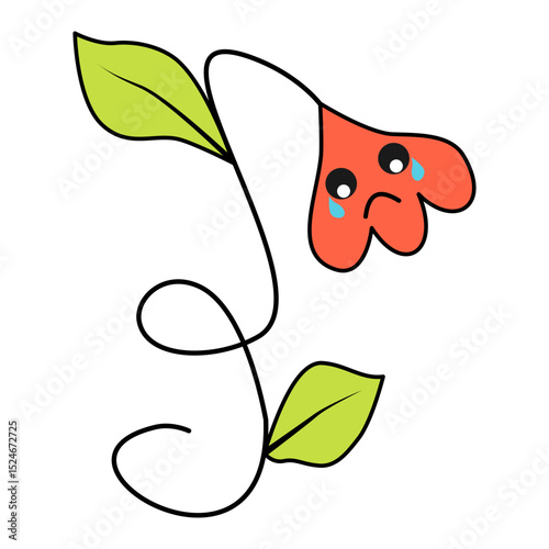 sad flower character emoticon with tears, 70's funky cartoon character concept.