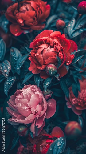 Soft pink peonies in lush green foliage, natural elegance and beauty.