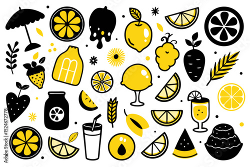Hand drawn lemon fruit doodle sketch collection isolated on transparent background