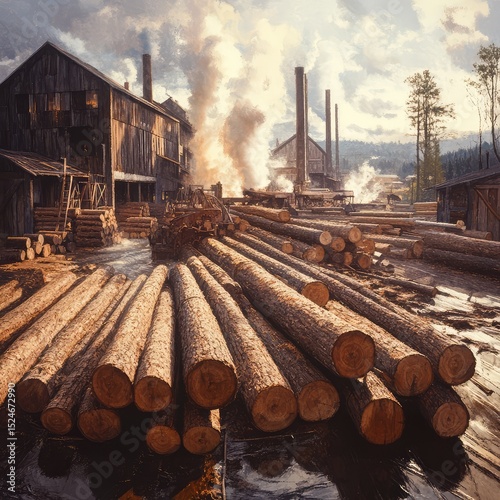 A busy lumber mill with logs being fed into a large industrial saw -