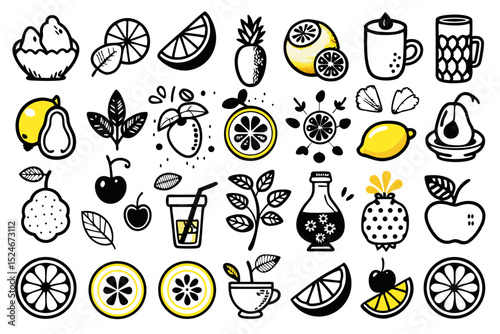 Hand drawn lemon fruit doodle sketch collection isolated on transparent background
