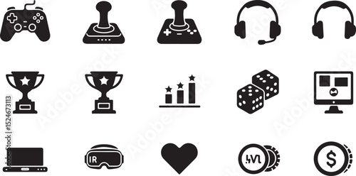 Gaming — gamepad, joystick, headset, trophy, leaderboard, dice, console, VR headset, heart, coin. icon sheet file black and white 