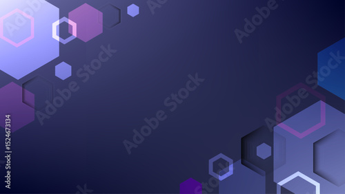 Modern abstract background with layered hexagon shapes in purple and blue tones, ideal for tech, presentation, or futuristic design themes.