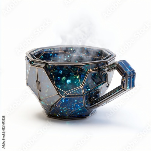 A futuristic, faceted coffee cup glows, steaming with LED effects on a stark white background now